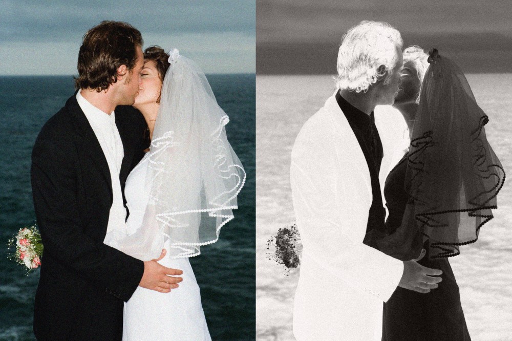 A bride and groom kissing