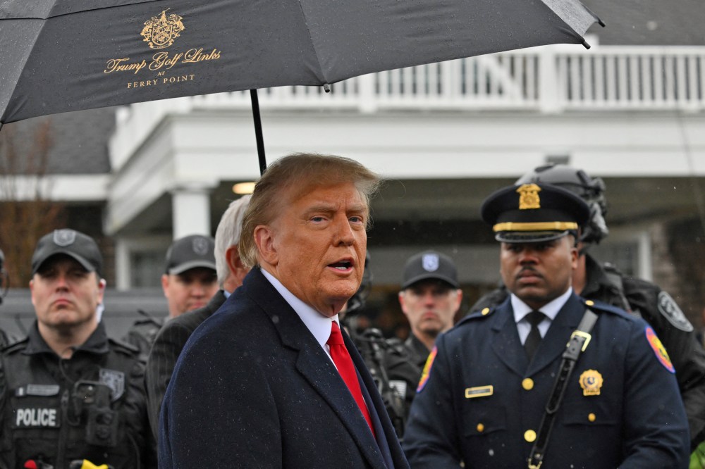 Former President Donald Trump speaks to the press after attending the wake for New York Police Department Officer Jonathan Diller in Massapequa, N.Y., on March 28, 2024.