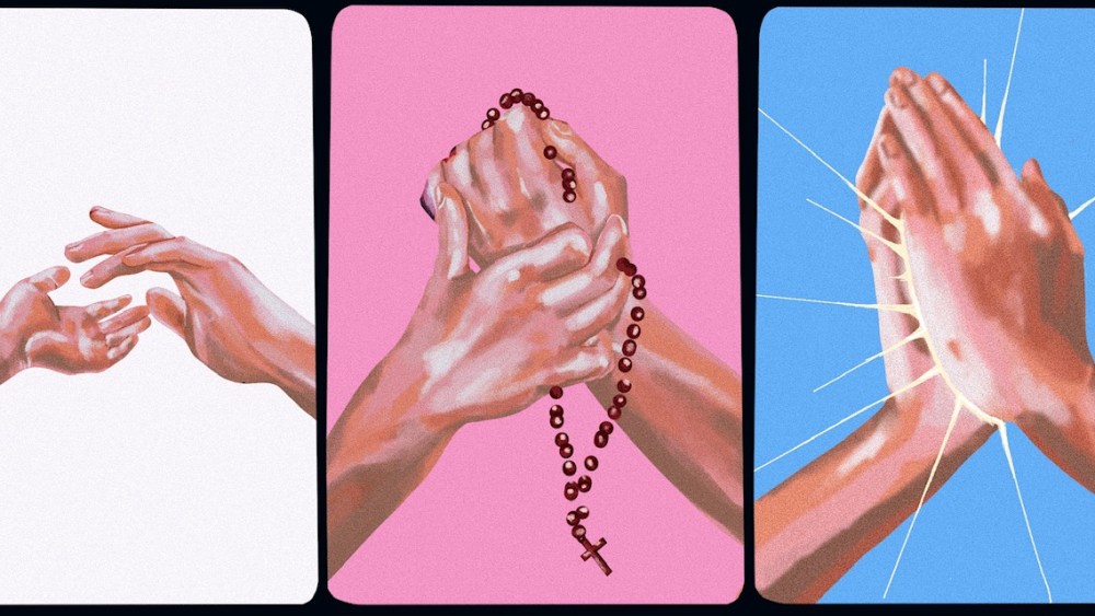 Three panels with white, pink and blue- a childs hand reahces for an adults in white, a hand grips another hand holding a rosary in pink, and hands pray in blue