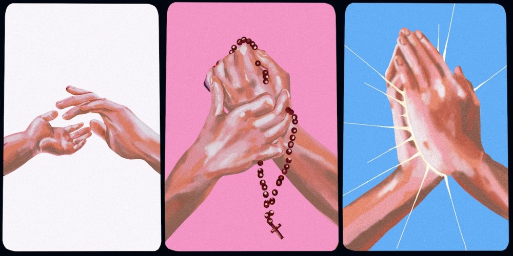 Three panels with white, pink and blue- a childs hand reahces for an adults in white, a hand grips another hand holding a rosary in pink, and hands pray in blue