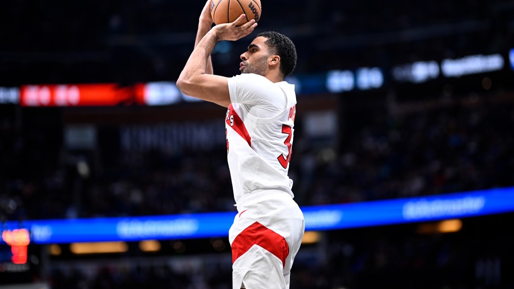 Jontay Porter attempts a 3-point shot