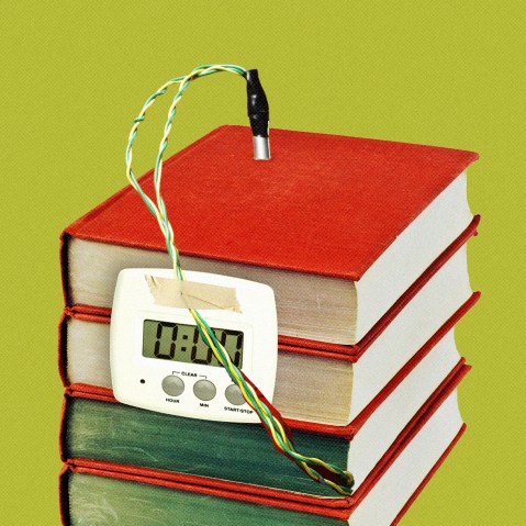 Photo illustration of a time bomb attached to a stack of books