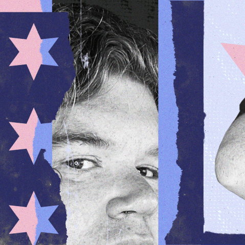 Photo collage with up-close photographs of Josie Riesman's face and of her arm with a tattoo in Hebrew. Cutouts of the Star of David are placed throughout.
