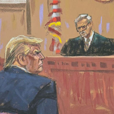 Courtroom sketch of Jude Juan Merchan and Donald Trump