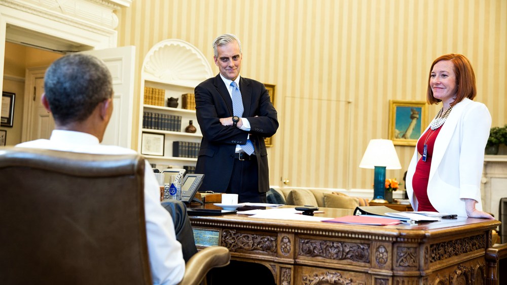 Barack Obama meets with Denis McDonough and Jen Psaki in the Oval Office