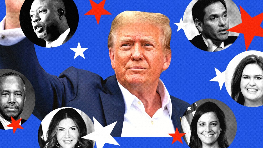 Photo illustration of Donald Trump and potential VP candidates: Marco Rubio, Sarah Huckabee Sanders, Elise Stefanik, Kristi Noem, Ben Carson, and Tim Scott