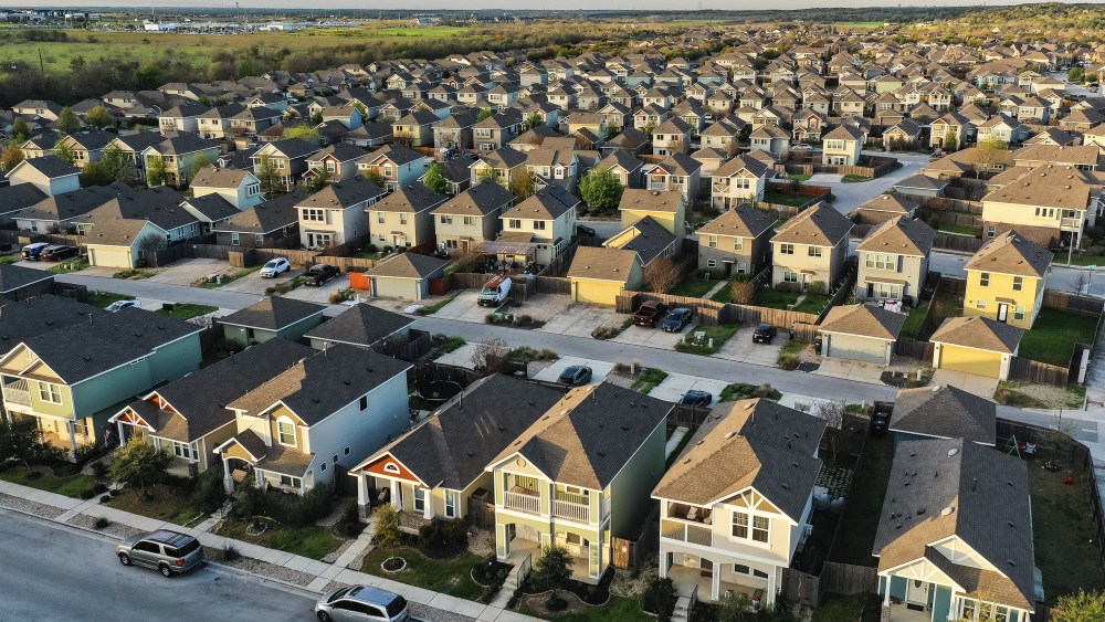 Aerial view of single family homes in a residential neighborhood