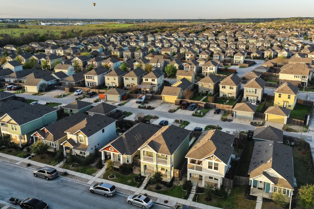Aerial view of single family homes in a residential neighborhood
