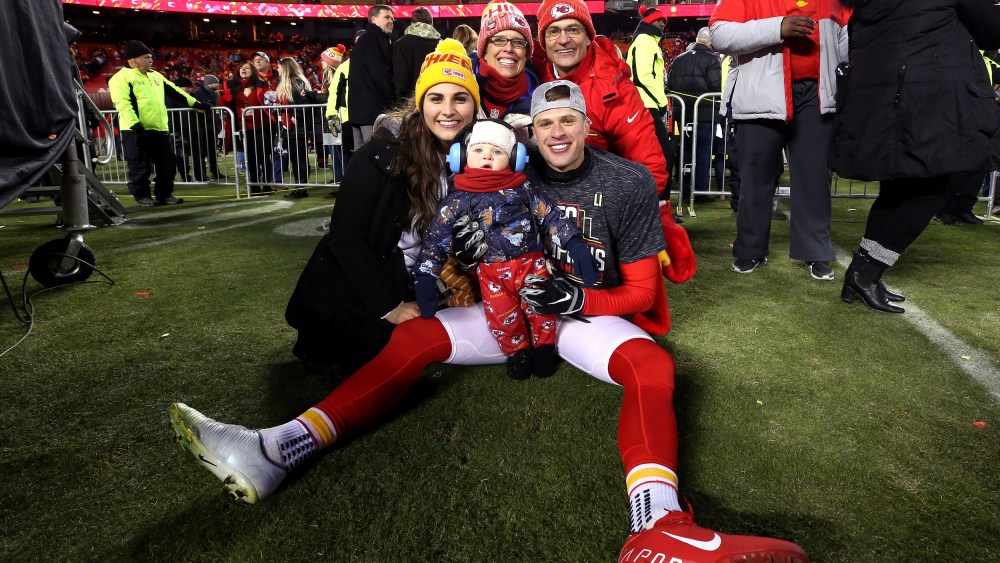 Harrison Butker of the Kansas City Chiefs celebrates on the field after defeating the Tennessee Titans in the AFC Championship Game on Jan. 19, 2020.