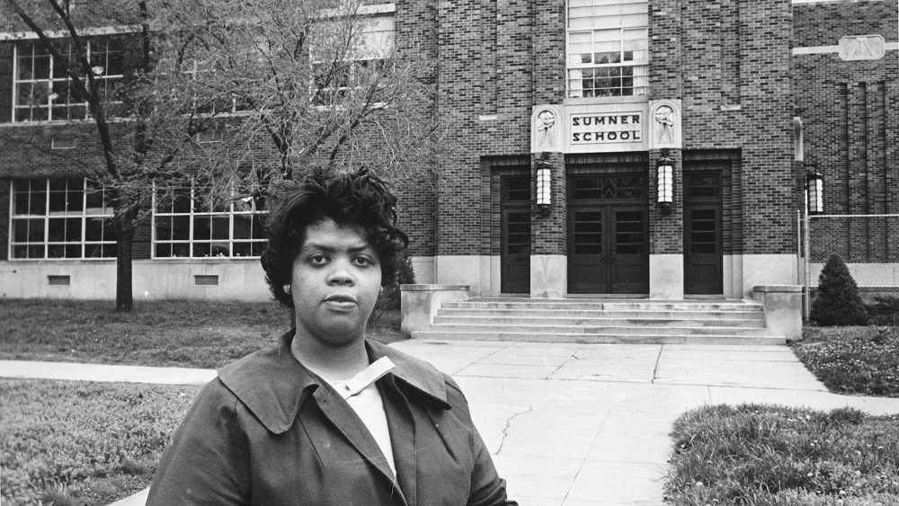Linda Brown Smith in front of the Sumner School in Topeka, Kan., on May 8, 1964.