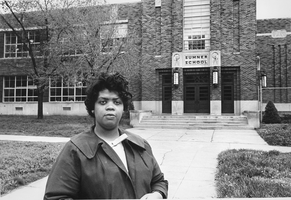 Linda Brown Smith in front of the Sumner School in Topeka, Kan., on May 8, 1964.