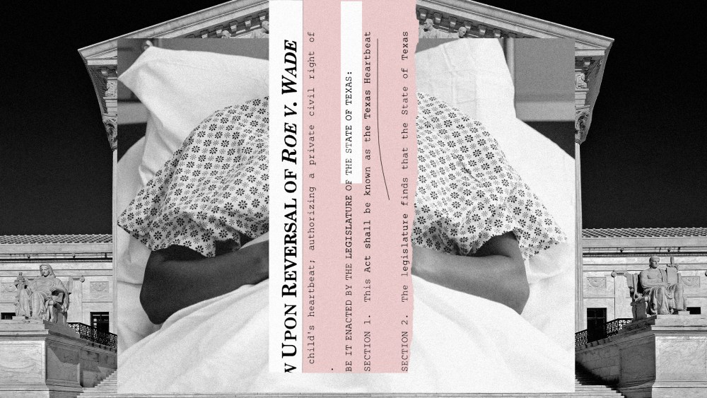 Photo collage of woman in hospital bed against image of Supreme Court. Text overlay that reads "upon reversal of Roe v. Wade"