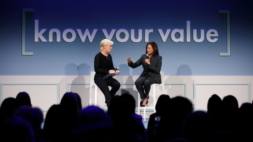 Kamala Harris and Mika Brzezinski talk on stage