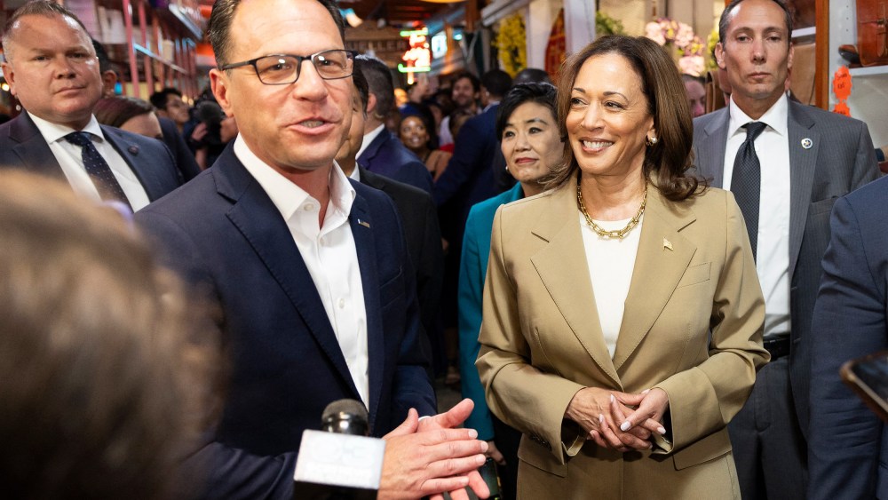Kamala Harris and Josh Shapiro speak to reporters