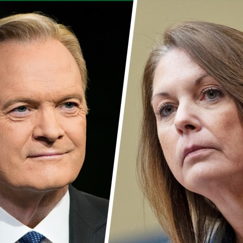 A side by side of Lawrence O'Donnell and Kimberly Cheatle
