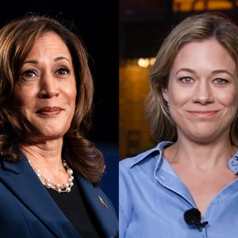 A side by side split image of Kamala Harris and Elise Jordan