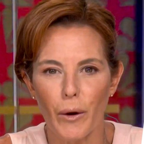 A split composite of Stephanie Ruhle and a NOW HIRING sign.