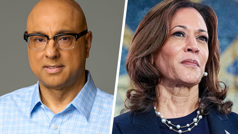 A split composite of Ali Velshi and Kamala Harris.