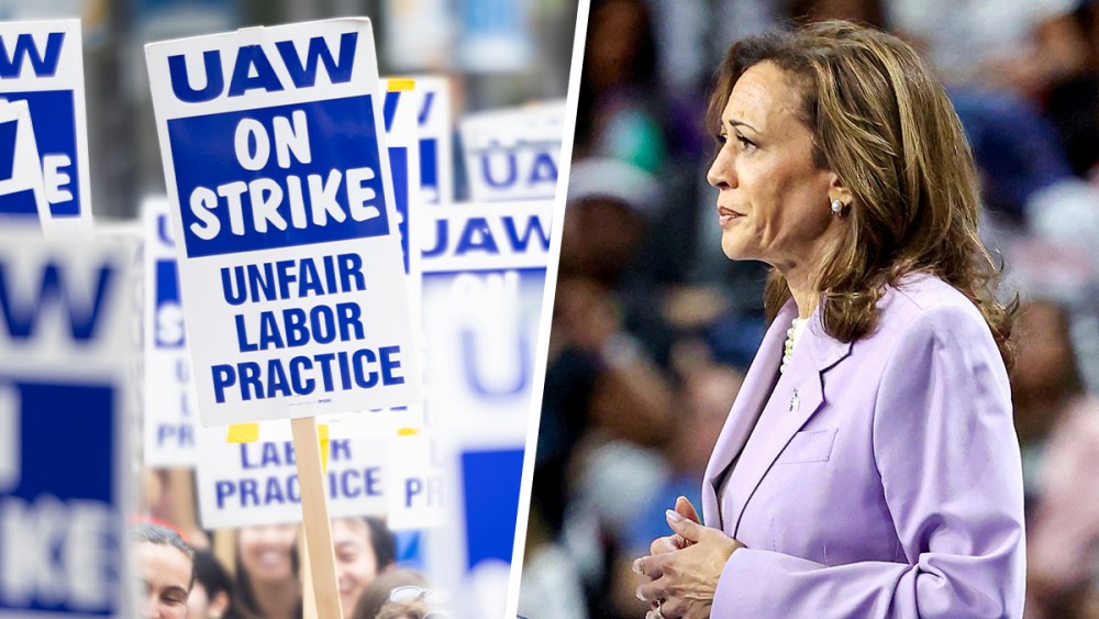 A split composite of a photo of the UAW and Kamala Harris.