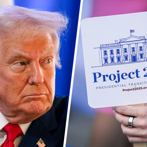 A split composite of Donald Trump and a Project 2025 signage.