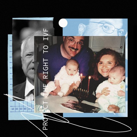 Photo collage of the writer  (Deanna Schwartz) as a baby with her family, and a separate image of Tim Walz