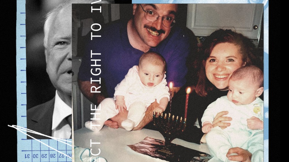 Photo collage of the writer  (Deanna Schwartz) as a baby with her family, and a separate image of Tim Walz