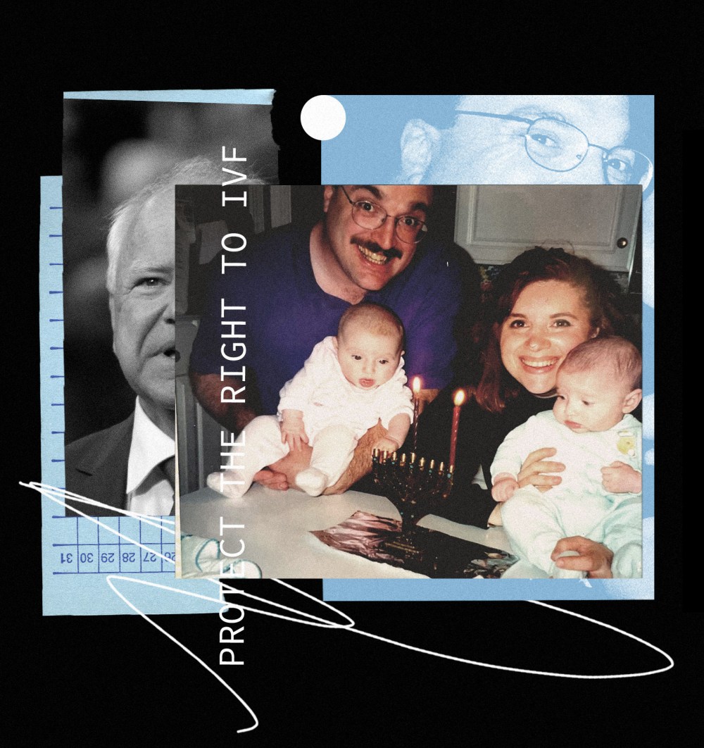 Photo collage of the writer  (Deanna Schwartz) as a baby with her family, and a separate image of Tim Walz