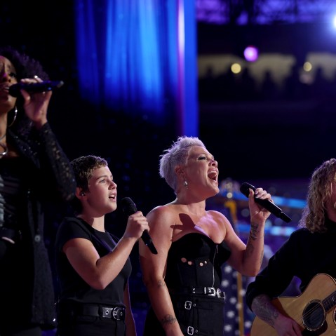 P!nk and her daughter, Willow Sage Hart, perform at the Democratic National Convention in Chicago on Thursday.