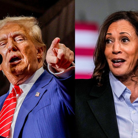 A split composite of Donald Trump and Kamala Harris.