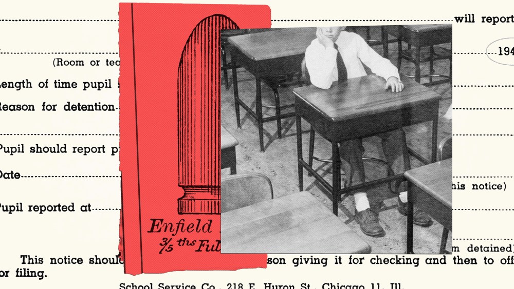 Photo Illustration: A vintage "suspension notice" paired with an illustration of a bullet and an unidentified child sitting alone ina classroom