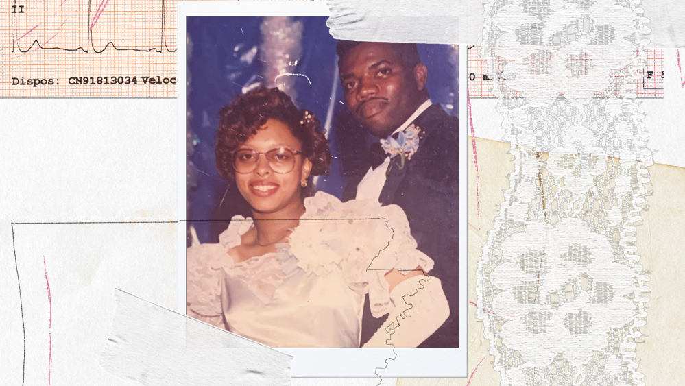 Photo collage of Hajime White and her now husband at prom