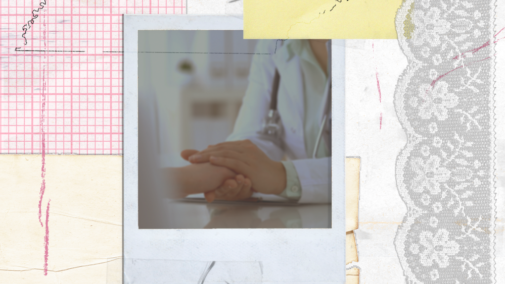 Photo collage of a doctor holding a woman's hand, the map of Tenessee