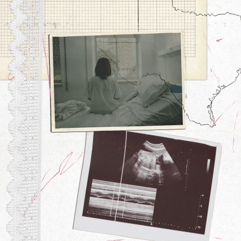 PHoto collage of a woman sitting in a hospital bed; a sonogram; and the state shape of texas