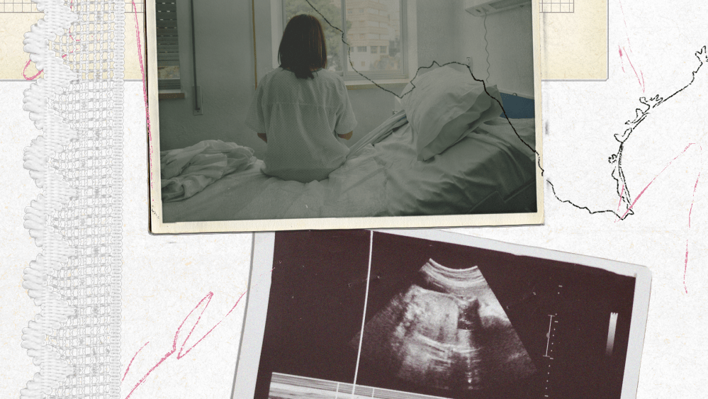 PHoto collage of a woman sitting in a hospital bed; a sonogram; and the state shape of texas