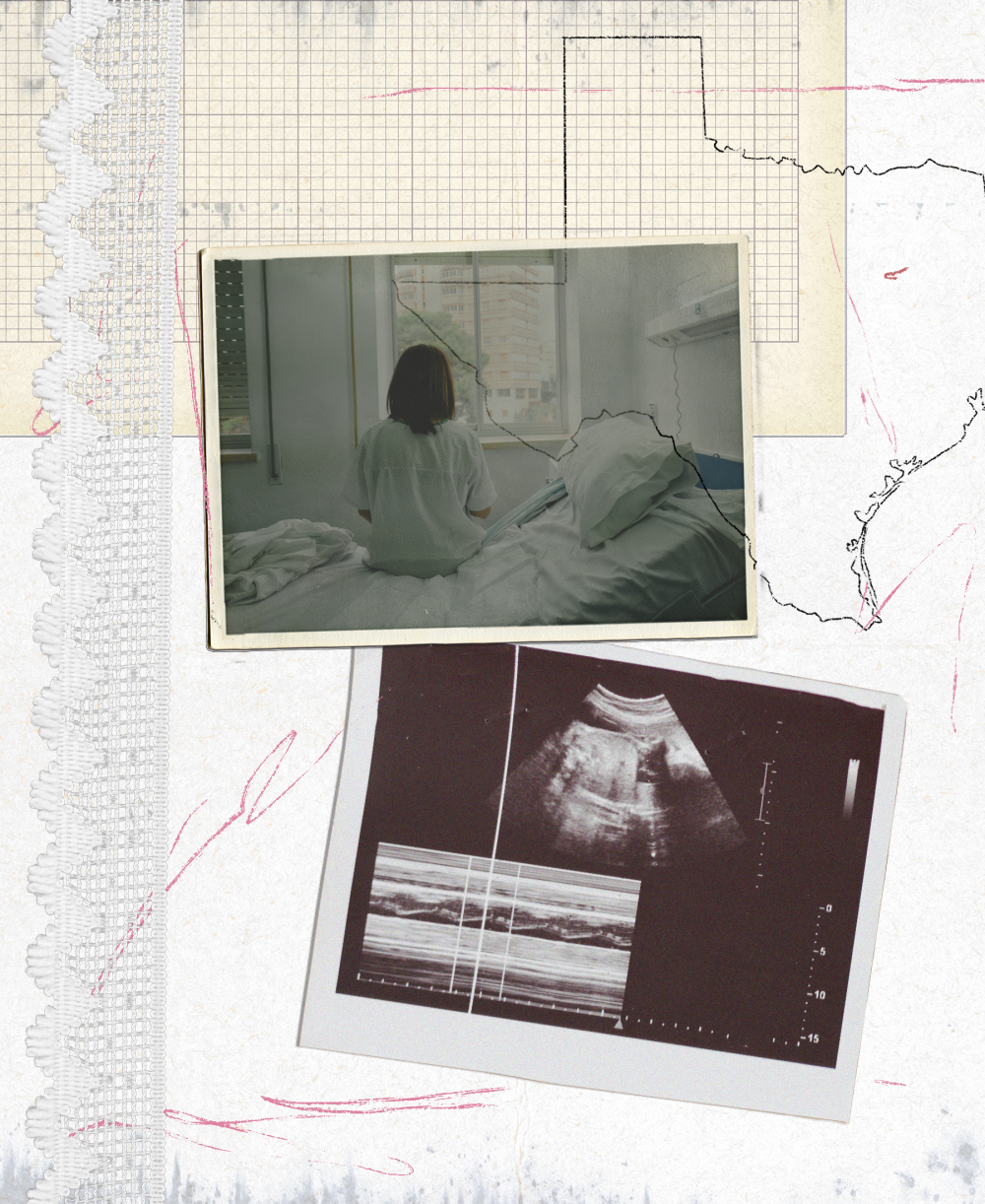 PHoto collage of a woman sitting in a hospital bed; a sonogram; and the state shape of texas