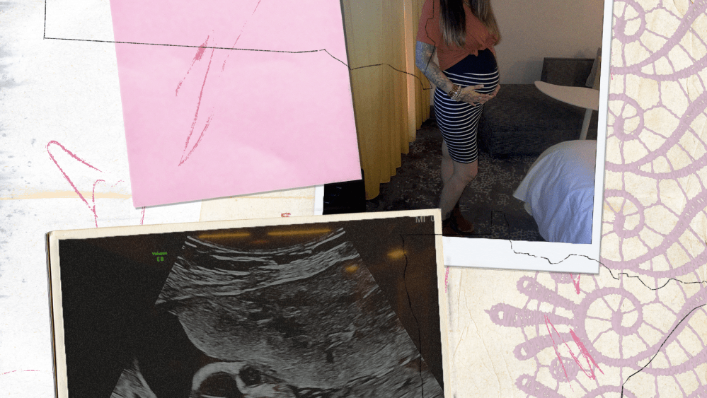 Scrapbook style image with an assortment of papers and scribbles, including outlines of Minnesota and South Dakota. Two photos, one of Danielle Campoamor holding her pregnant belly and another of an ultrasound, are part of the scrapbook.