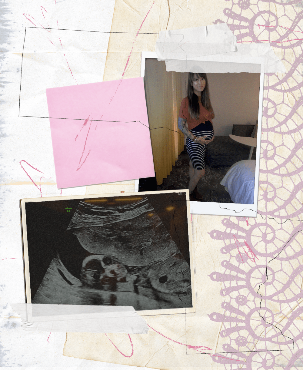 Scrapbook style image with an assortment of papers and scribbles, including outlines of Minnesota and South Dakota. Two photos, one of Danielle Campoamor holding her pregnant belly and another of an ultrasound, are part of the scrapbook.