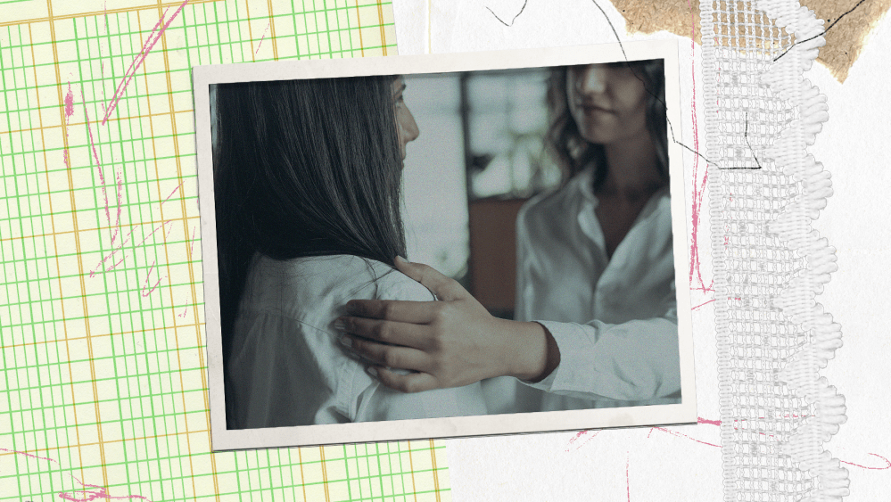 Scrapbook style image with an assortment of papers and scribbles, including outlines of Texas and Kansas. A photo of a woman comforting another woman is layered on top of the scrapbook page.