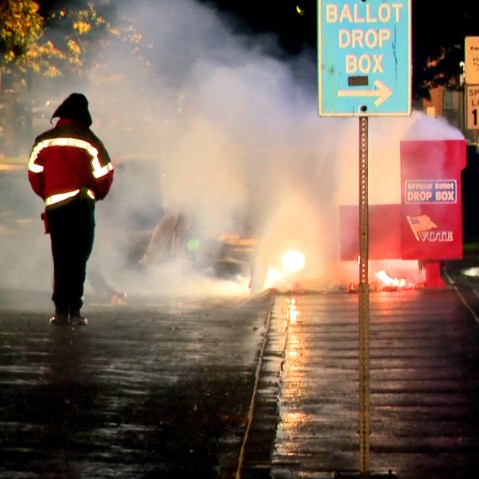 A ballot box on fire in Vancouver, Wash.