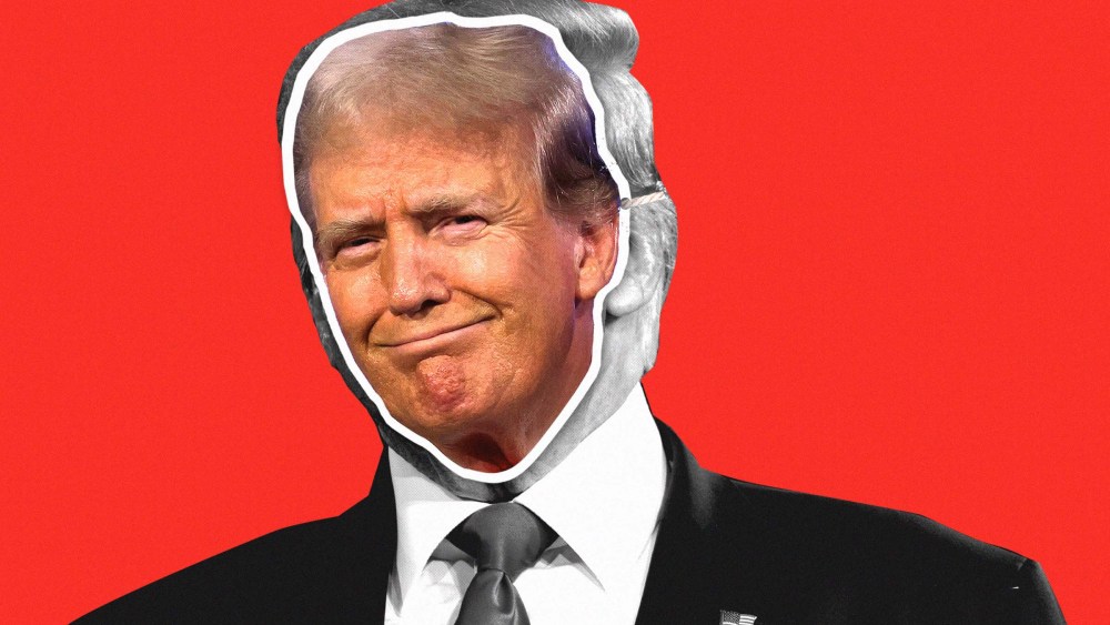 Black-and-white-image of Donald Trump overlaid with a full-color photo of his face smiling; against a red background