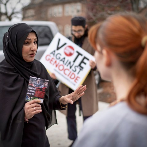 Farah Khan, left, co-chair of the Abandon Harris Michigan campaign