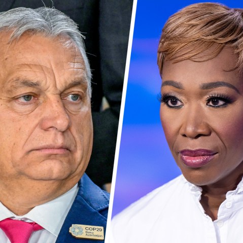 A split composite of Viktor Orban and Joy Reid.