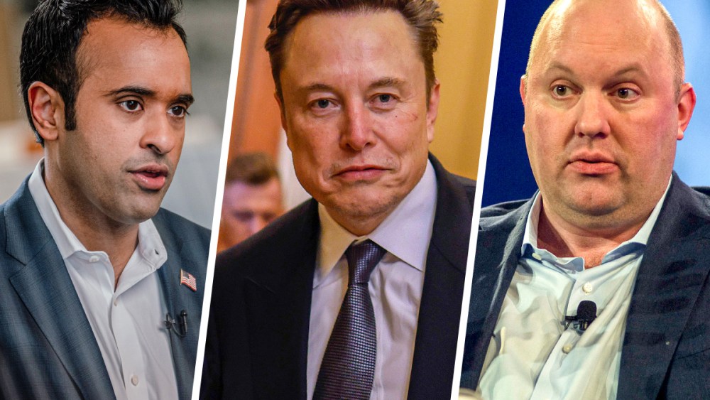 A split composite of Vivek Ramaswamy, Elon Musk and Marc Andreessen.