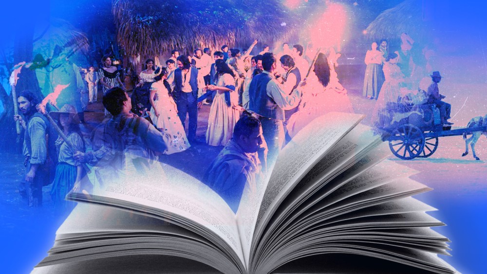 Photo Illustration: Stills from the Netflix adaptation of "100 Years of Solitude" floating above an open book