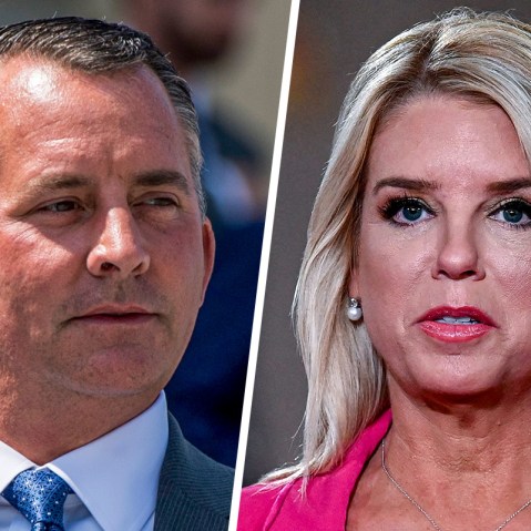 A split composite of David Jolly and Pam Bondi.