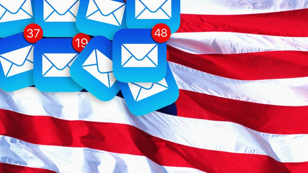 Photo illustration of American flag with email icons covered part of the flag