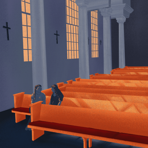 Scene of the inside of a church, with orange light streaming through the windows onto rows of pews. Two figures sit on the edge of a pew, talking to each other.