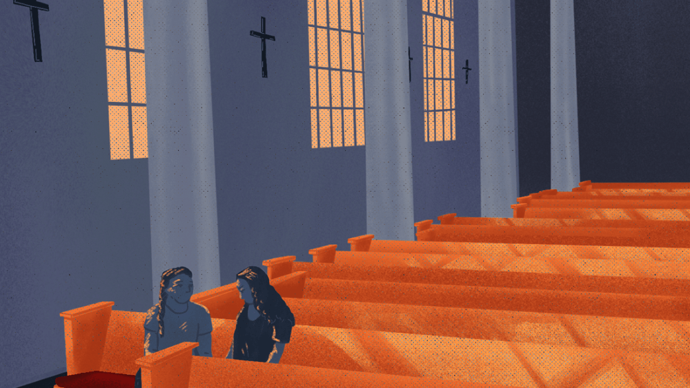 Scene of the inside of a church, with orange light streaming through the windows onto rows of pews. Two figures sit on the edge of a pew, talking to each other.