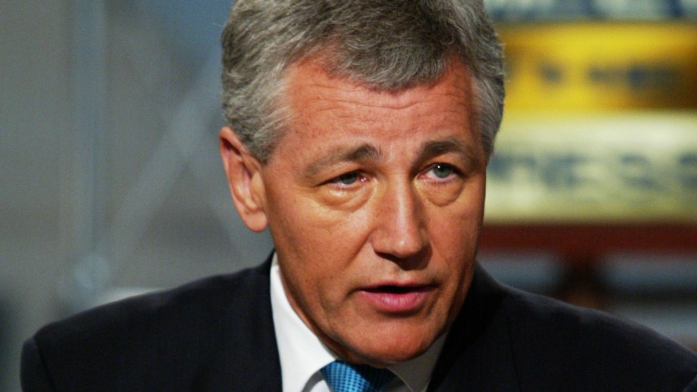 File Photo: U.S. Senator Chuck Hagel (R-NE) discusses various topics including the Middle East, National Security and the war on terrorism on NBC's 'Meet the Press' July 7, 2002 during a taping at the NBC studios in Washington, DC.    (Photo by Alex...
