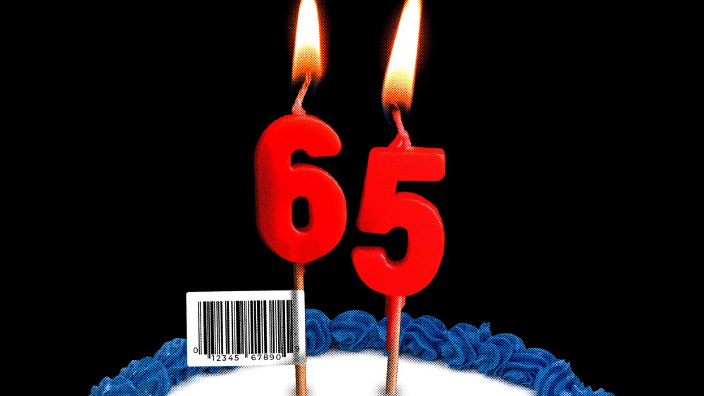 Photo illustration of "65" birthday candles in a cake